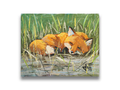 A painting of a red fox at peace, curled up and napping in a nest of green reeds by a tranquil pond. The contrasting colors of the reeds and the fox's fur create a stunning visual. Printed on canvas.