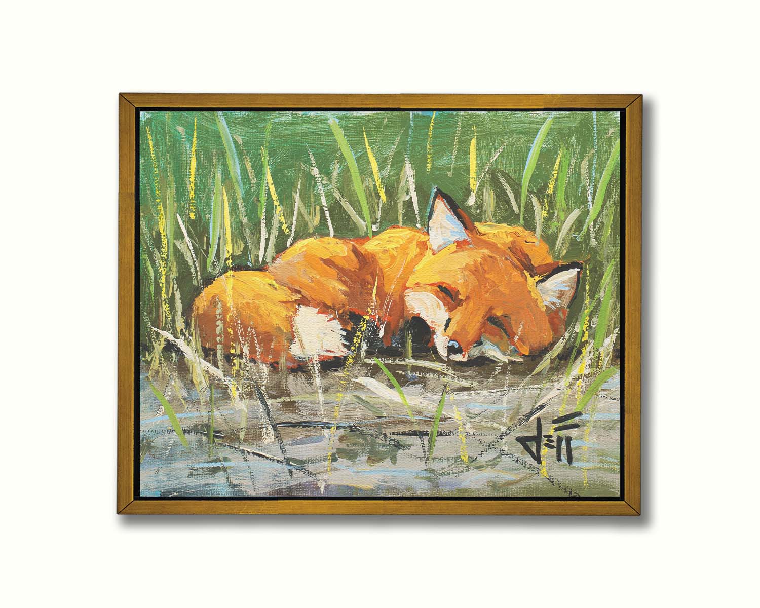 A painting of a red fox at peace, curled up and napping in a nest of green reeds by a tranquil pond. The contrasting colors of the reeds and the fox's fur create a stunning visual. Printed on canvas in a float frame.