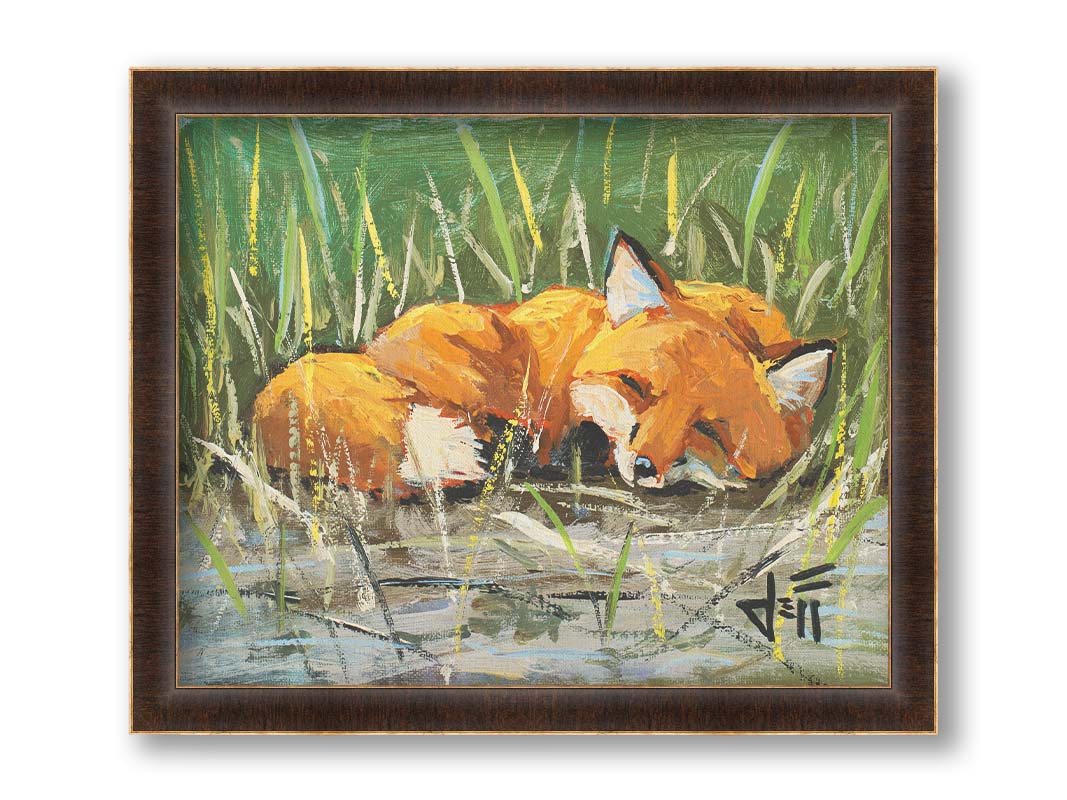 A painting of a red fox at peace, curled up and napping in a nest of green reeds by a tranquil pond. The contrasting colors of the reeds and the fox's fur create a stunning visual. Printed on canvas and framed.