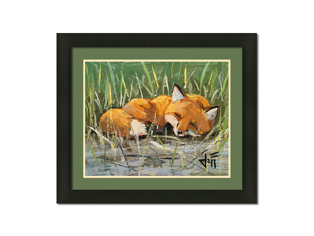 A painting of a red fox at peace, curled up and napping in a nest of green reeds by a tranquil pond. The contrasting colors of the reeds and the fox's fur create a stunning visual. Printed on paper, matted, and framed.