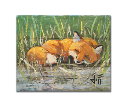 A painting of a red fox at peace, curled up and napping in a nest of green reeds by a tranquil pond. The contrasting colors of the reeds and the fox's fur create a stunning visual. Printed on a box board.