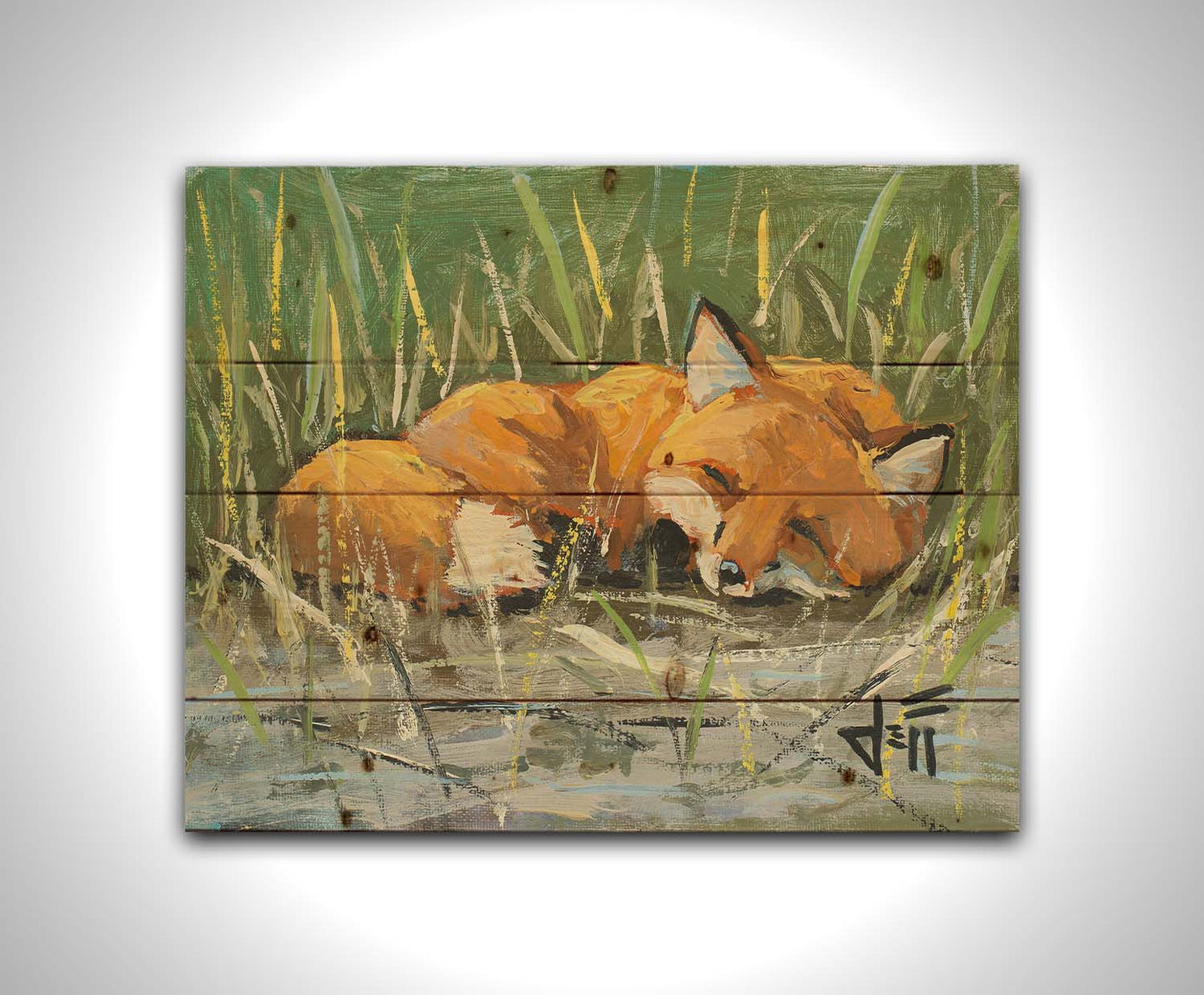 A painting of a red fox at peace, curled up and napping in a nest of green reeds by a tranquil pond. The contrasting colors of the reeds and the fox's fur create a stunning visual. Printed on a wood pallet.