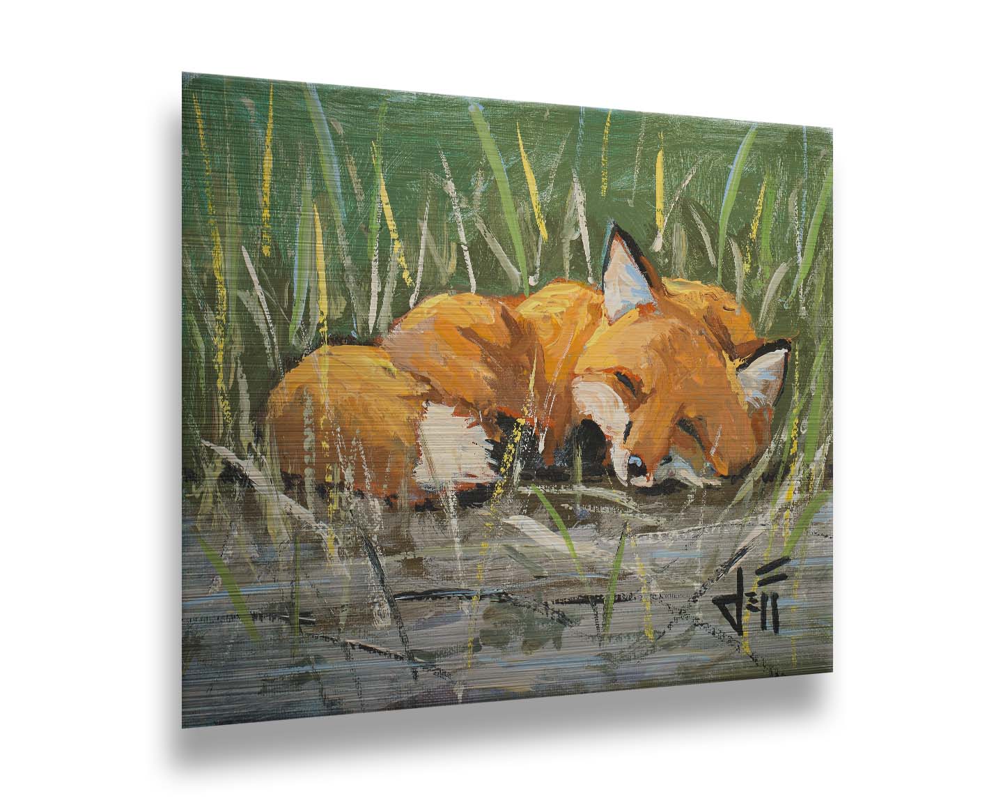 A painting of a red fox at peace, curled up and napping in a nest of green reeds by a tranquil pond. The contrasting colors of the reeds and the fox's fur create a stunning visual. Printed on metal.