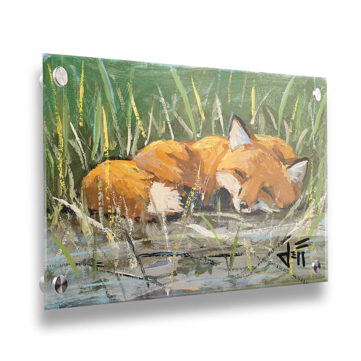 A painting of a red fox at peace, curled up and napping in a nest of green reeds by a tranquil pond. The contrasting colors of the reeds and the fox's fur create a stunning visual. Printed on acrylic.