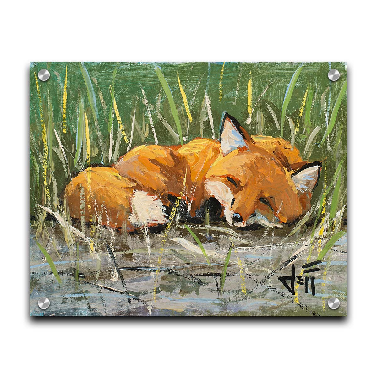 A painting of a red fox at peace, curled up and napping in a nest of green reeds by a tranquil pond. The contrasting colors of the reeds and the fox's fur create a stunning visual. Printed on acrylic.