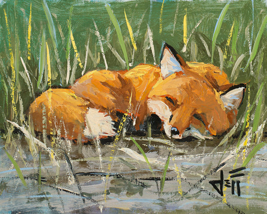 A painting of a red fox at peace, curled up and napping in a nest of green reeds by a tranquil pond. The contrasting colors of the reeds and the fox's fur create a stunning visual.