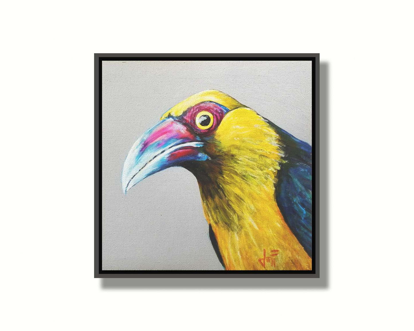 A painting of a striking saffron toucanet, whose yellow feathers pop against the neutral gray background. The light reflecting off its eye gives it an intense, intrigued, lifelike gaze. Printed on canvas in a float frame.