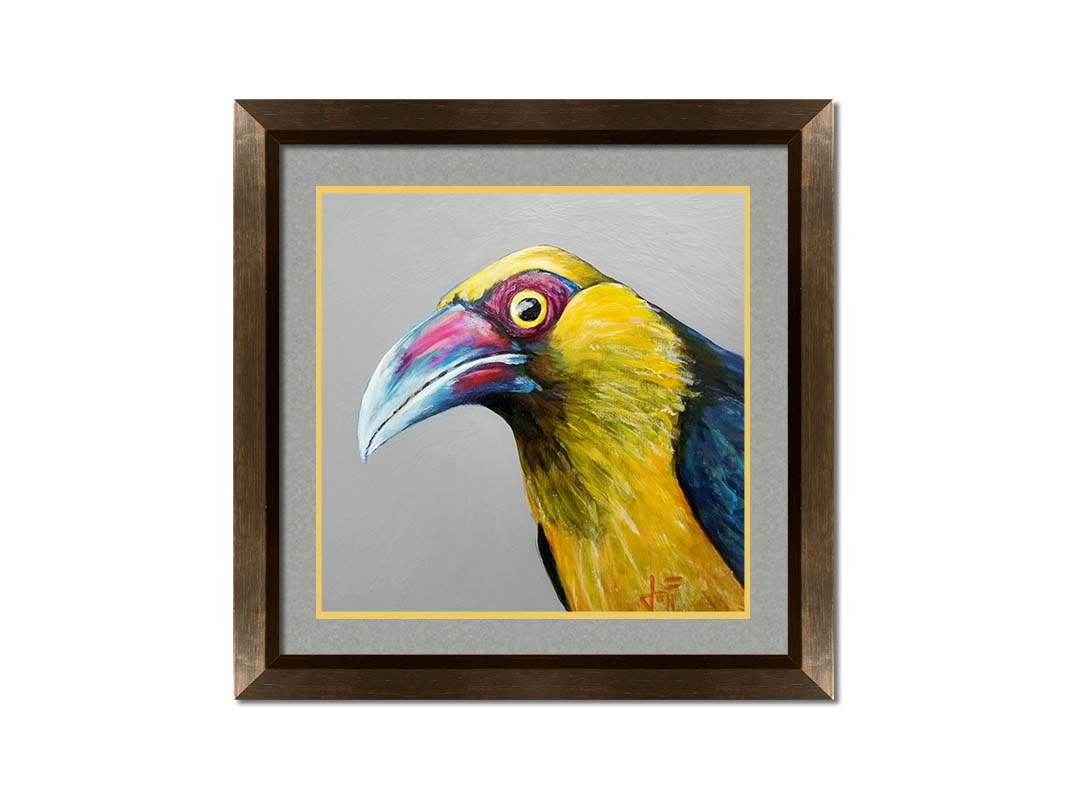 A painting of a striking saffron toucanet, whose yellow feathers pop against the neutral gray background. The light reflecting off its eye gives it an intense, intrigued, lifelike gaze. Printed on paper, matted, and framed.