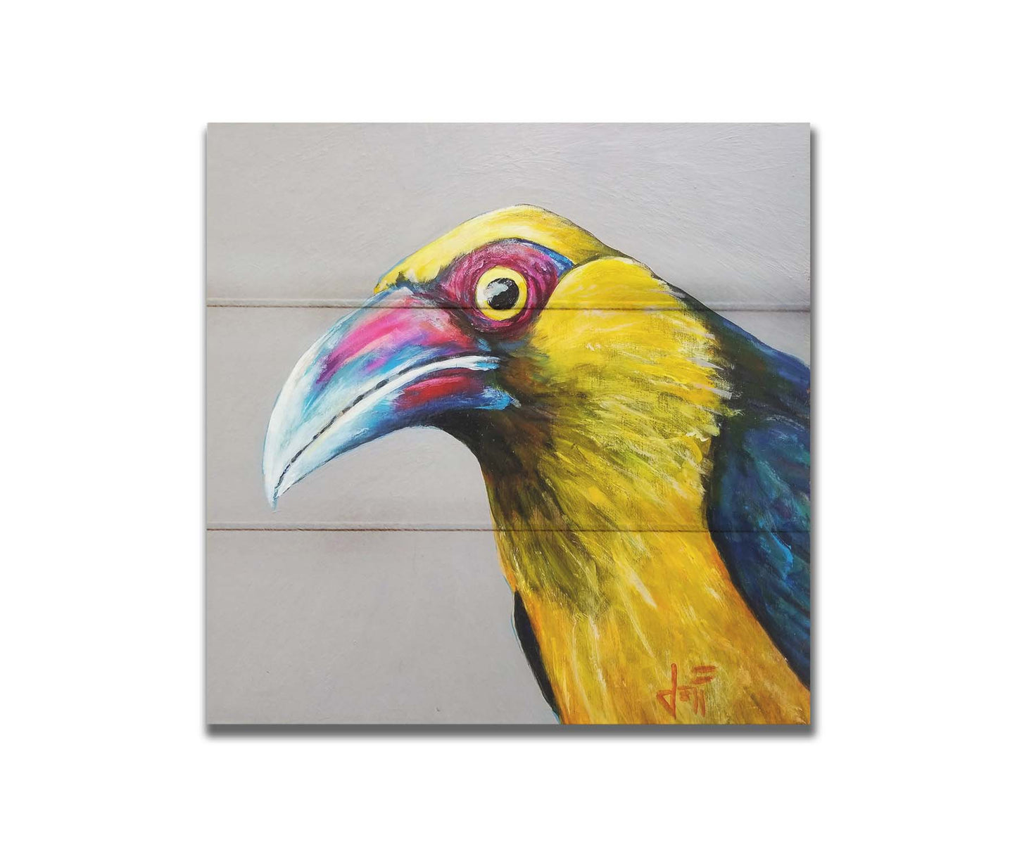 A painting of a striking saffron toucanet, whose yellow feathers pop against the neutral gray background. The light reflecting off its eye gives it an intense, intrigued, lifelike gaze. Printed on a box board.