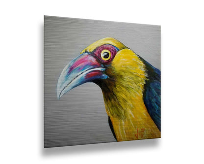 A painting of a striking saffron toucanet, whose yellow feathers pop against the neutral gray background. The light reflecting off its eye gives it an intense, intrigued, lifelike gaze. Printed on metal.