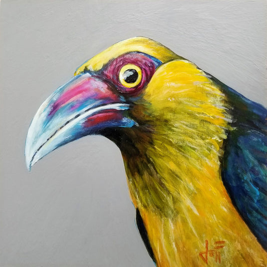 A painting of a striking saffron toucanet, whose yellow feathers pop against the neutral gray background. The light reflecting off its eye gives it an intense, intrigued, lifelike gaze.