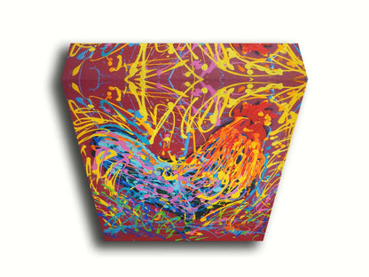 A drip painting of a rooster in orange and blue, accented with a full spectrum of other bright colors. Dynamic patterns of paint drips surround the rooster against a red background. Printed on canvas.