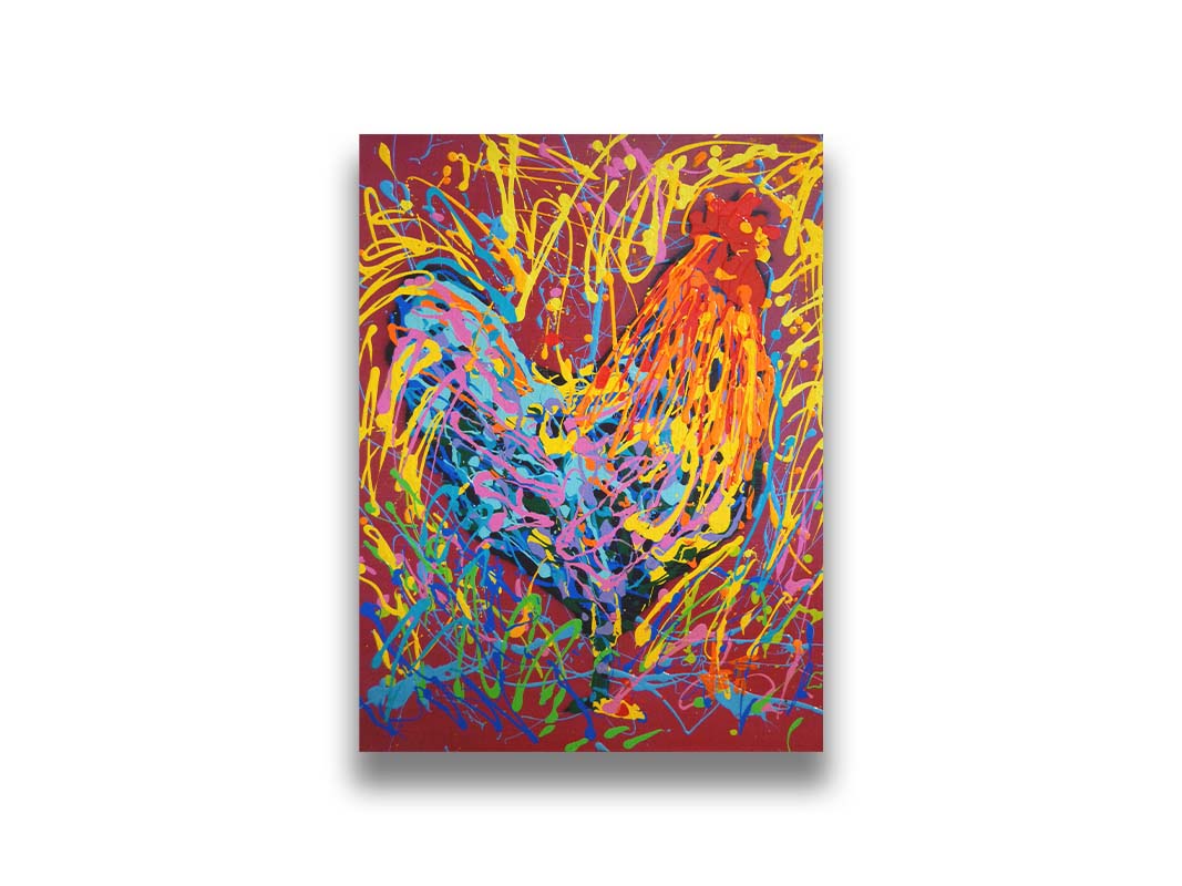 A drip painting of a rooster in orange and blue, accented with a full spectrum of other bright colors. Dynamic patterns of paint drips surround the rooster against a red background. Printed on canvas.