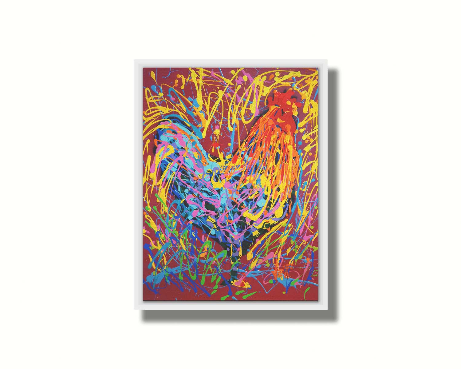 A drip painting of a rooster in orange and blue, accented with a full spectrum of other bright colors. Dynamic patterns of paint drips surround the rooster against a red background. Printed on canvas in a float frame.