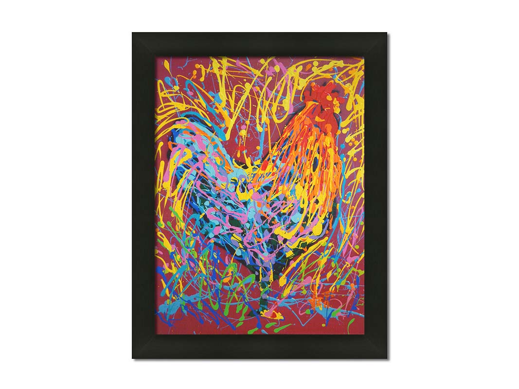 A drip painting of a rooster in orange and blue, accented with a full spectrum of other bright colors. Dynamic patterns of paint drips surround the rooster against a red background. Printed on canvas and framed.