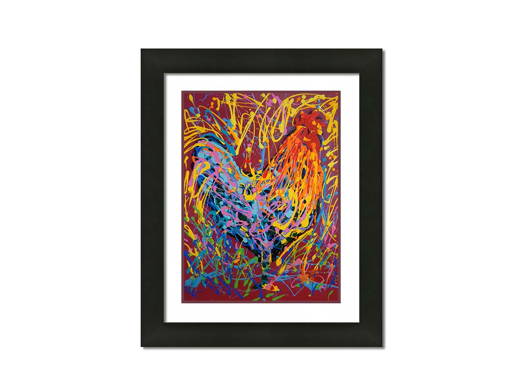 A drip painting of a rooster in orange and blue, accented with a full spectrum of other bright colors. Dynamic patterns of paint drips surround the rooster against a red background. Printed on paper, matted, and framed.