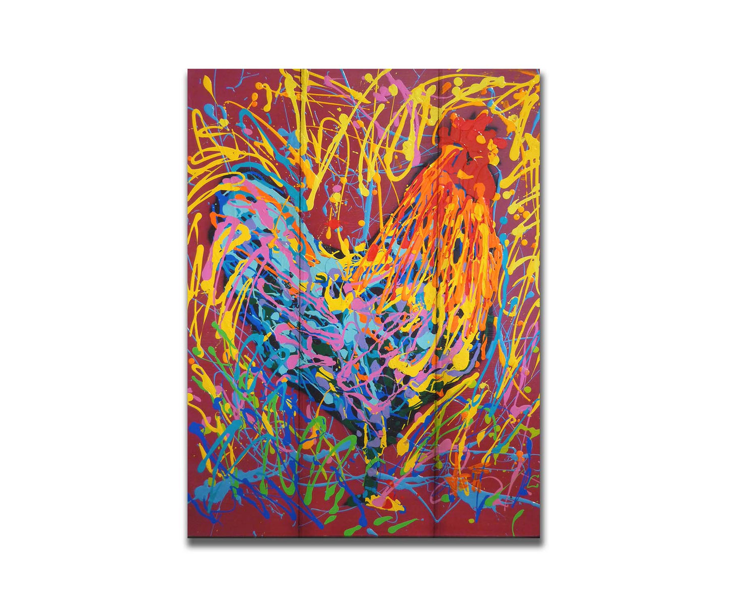 A drip painting of a rooster in orange and blue, accented with a full spectrum of other bright colors. Dynamic patterns of paint drips surround the rooster against a red background. Printed on a box board.