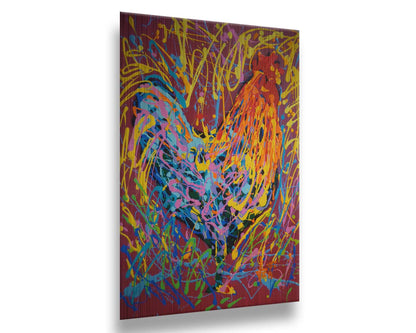 A drip painting of a rooster in orange and blue, accented with a full spectrum of other bright colors. Dynamic patterns of paint drips surround the rooster against a red background. Printed on metal.