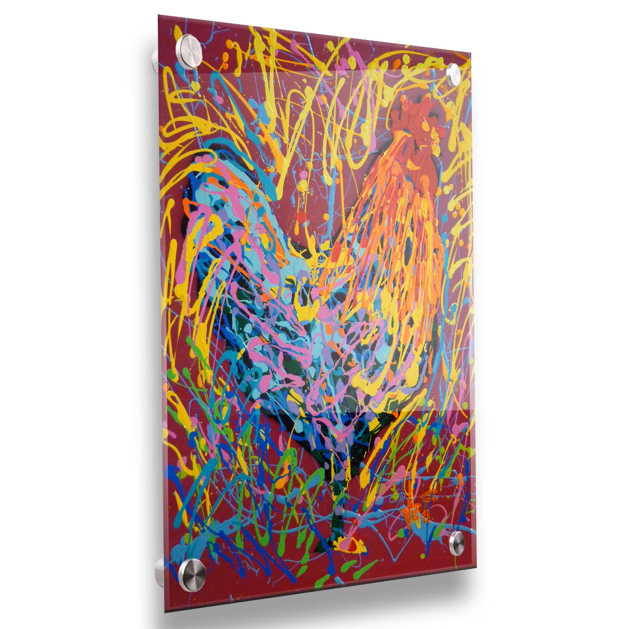 A drip painting of a rooster in orange and blue, accented with a full spectrum of other bright colors. Dynamic patterns of paint drips surround the rooster against a red background. Printed on acrylic.