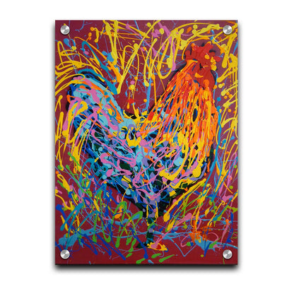 A drip painting of a rooster in orange and blue, accented with a full spectrum of other bright colors. Dynamic patterns of paint drips surround the rooster against a red background. Printed on acrylic.