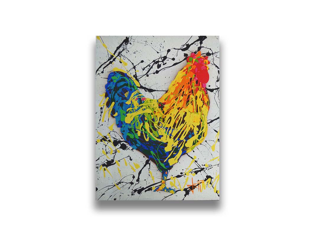 A drip painting of a rooster in red, orange, yellow, green, and blue set against a white background speckled with black and yellow. Printed on canvas.