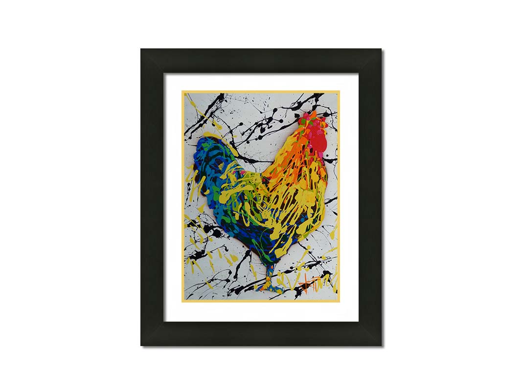 A drip painting of a rooster in red, orange, yellow, green, and blue set against a white background speckled with black and yellow. Printed on paper, matted, and framed.