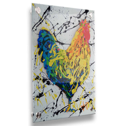 A drip painting of a rooster in red, orange, yellow, green, and blue set against a white background speckled with black and yellow. Printed on acrylic.