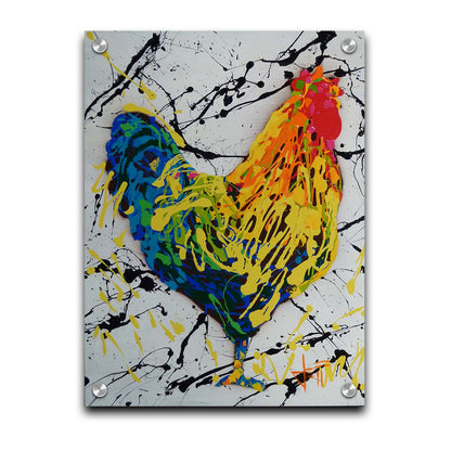 A drip painting of a rooster in red, orange, yellow, green, and blue set against a white background speckled with black and yellow. Printed on acrylic.