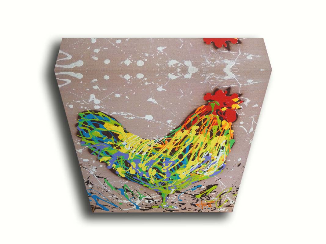 A drip painting of a rooster in yellow, green, blue, and orange set against a tan background speckled with white and black. Printed on canvas.