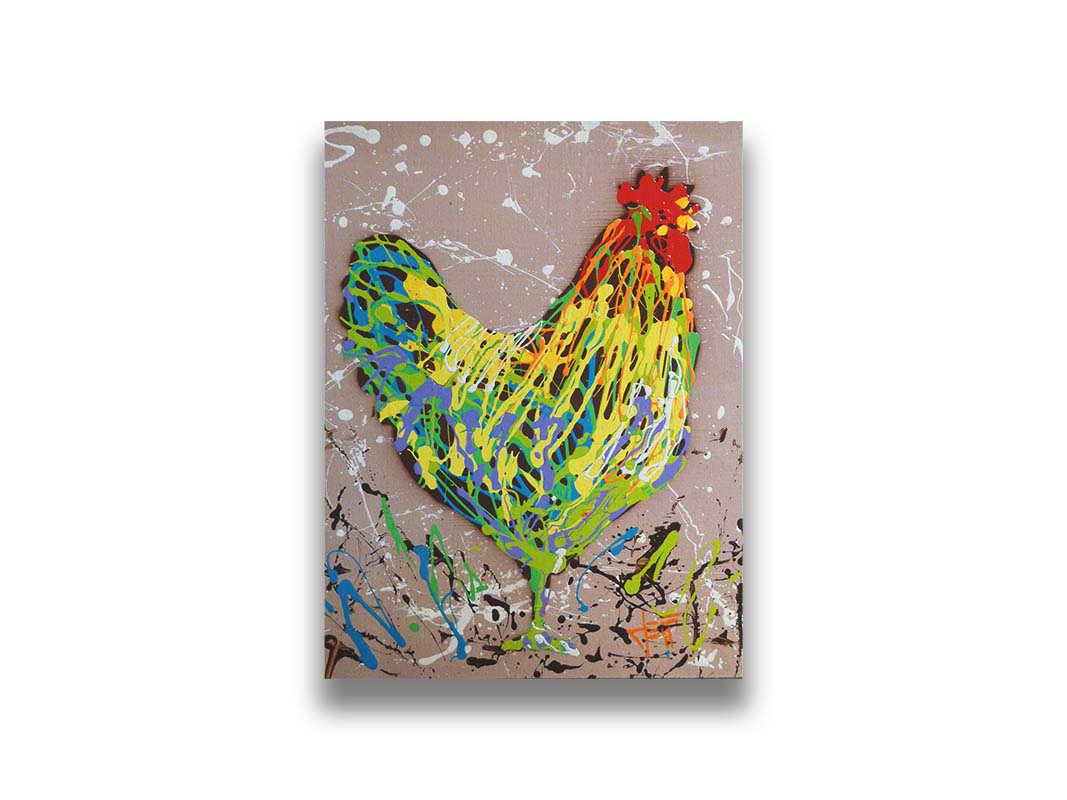 A drip painting of a rooster in yellow, green, blue, and orange set against a tan background speckled with white and black. Printed on canvas.