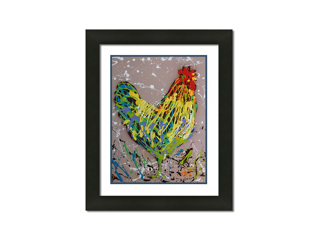 A drip painting of a rooster in yellow, green, blue, and orange set against a tan background speckled with white and black. Printed on paper, matted and framed.