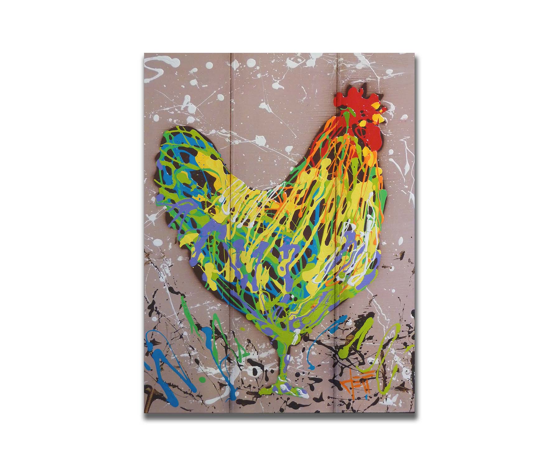 A drip painting of a rooster in yellow, green, blue, and orange set against a tan background speckled with white and black. Printed on a box board.