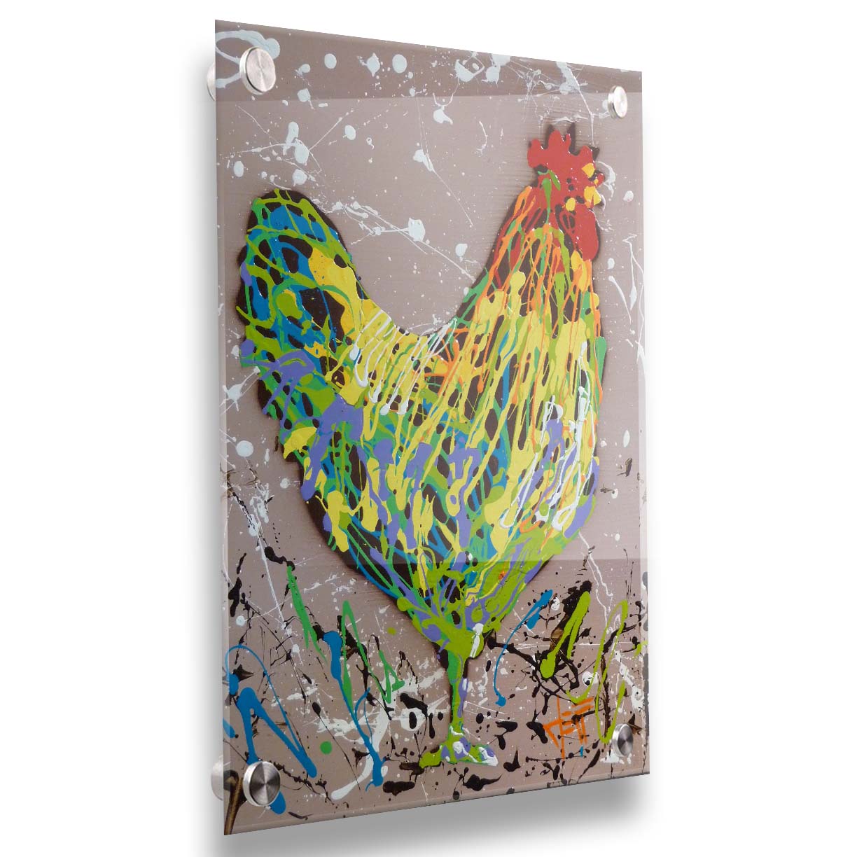 A drip painting of a rooster in yellow, green, blue, and orange set against a tan background speckled with white and black. Printed on acrylic.
