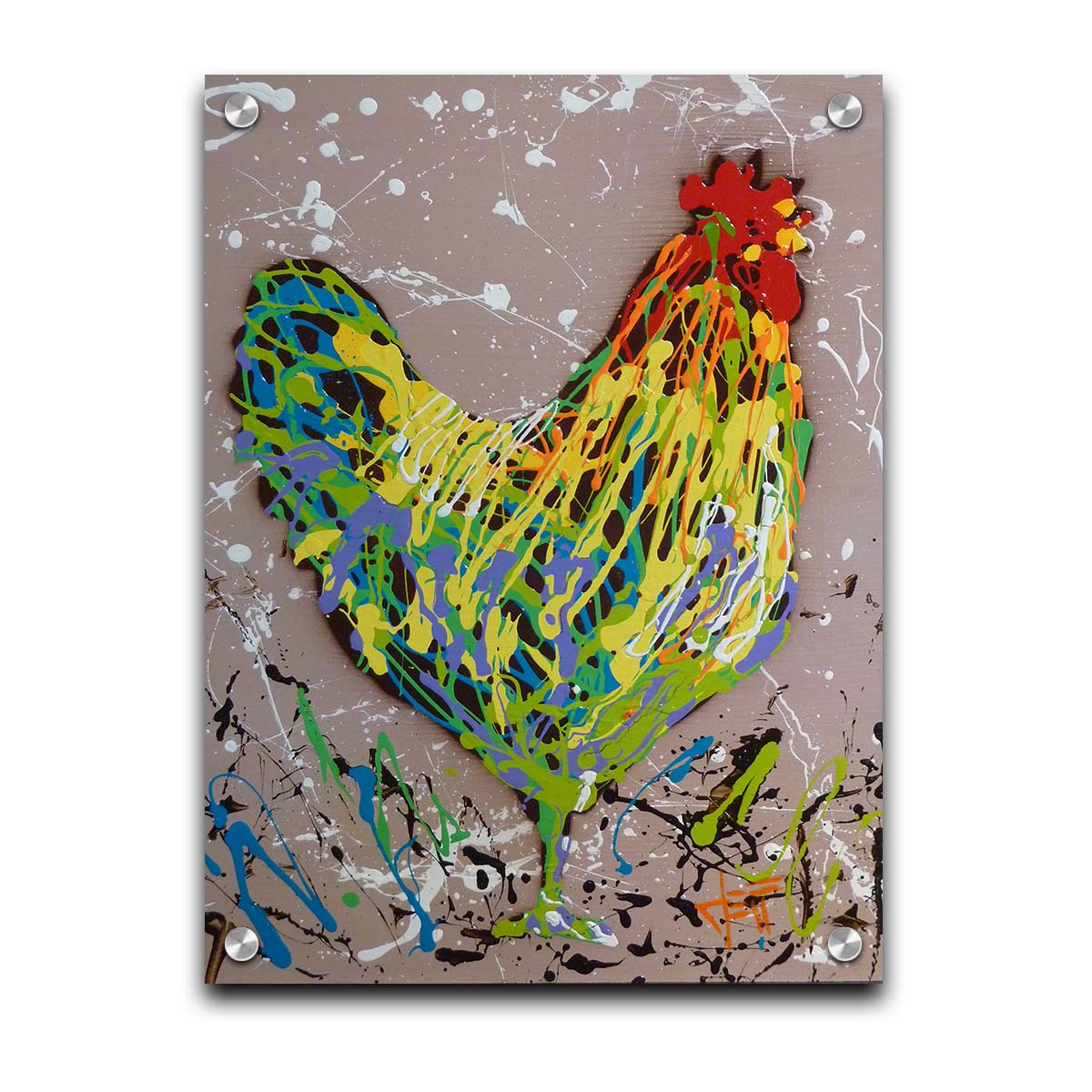 A drip painting of a rooster in yellow, green, blue, and orange set against a tan background speckled with white and black. Printed on acrylic.