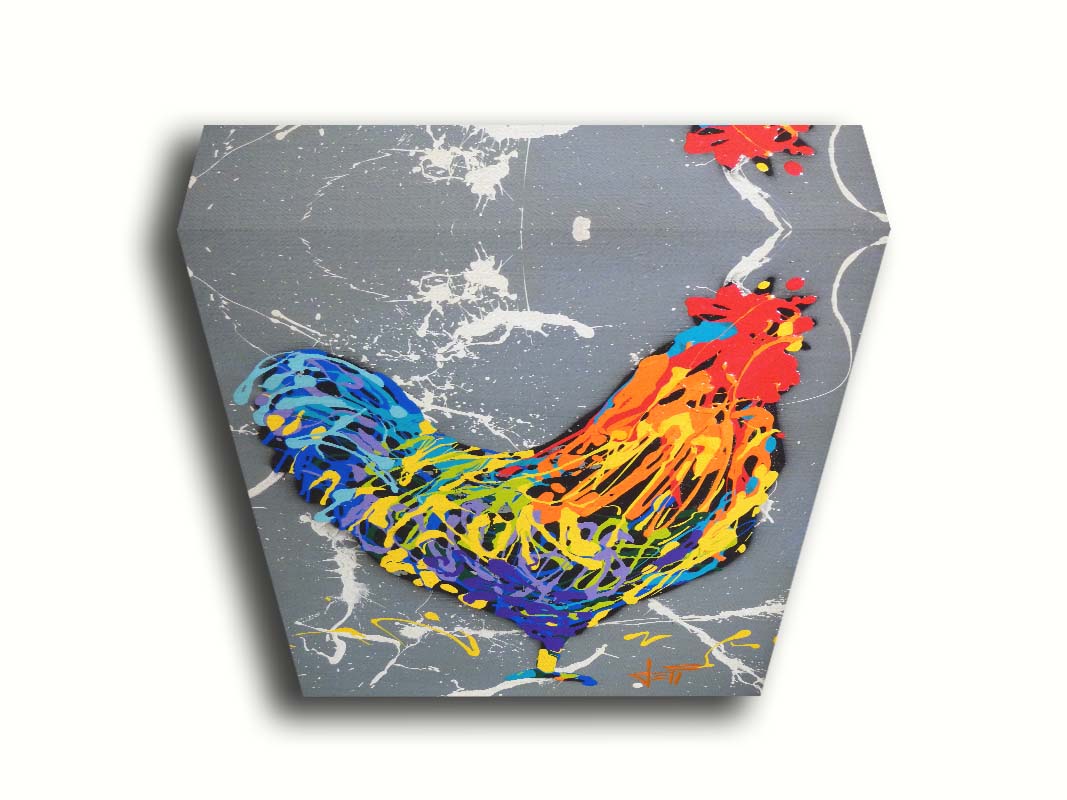 A drip painting of a rooster in a rainbow of colors, against a sleek gray backdrop, accented by white splashes. Printed on canvas.