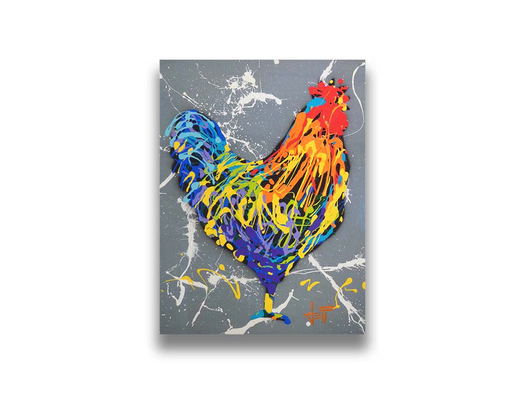 A drip painting of a rooster in a rainbow of colors, against a sleek gray backdrop, accented by white splashes. Printed on canvas.