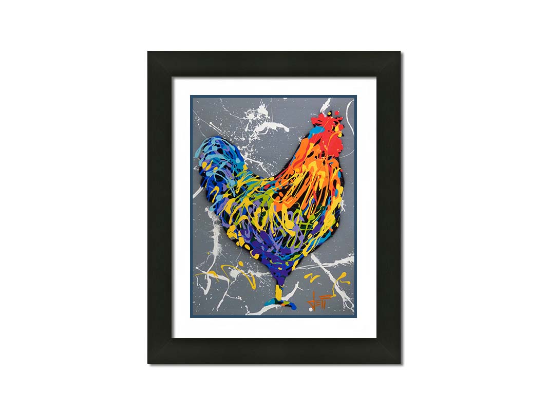 A drip painting of a rooster in a rainbow of colors, against a sleek gray backdrop, accented by white splashes. Printed on paper, matted, and framed.