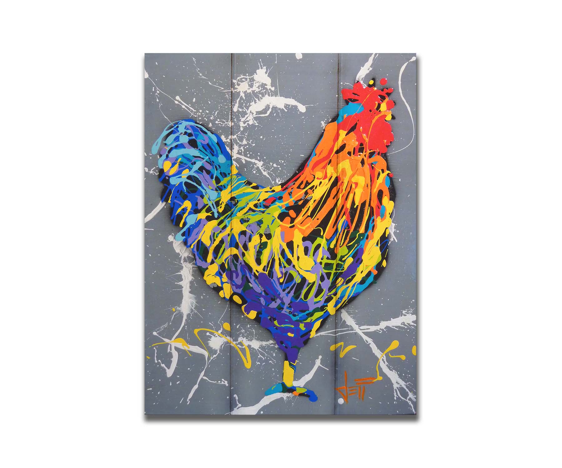 A drip painting of a rooster in a rainbow of colors, against a sleek gray backdrop, accented by white splashes. Printed on a box board.