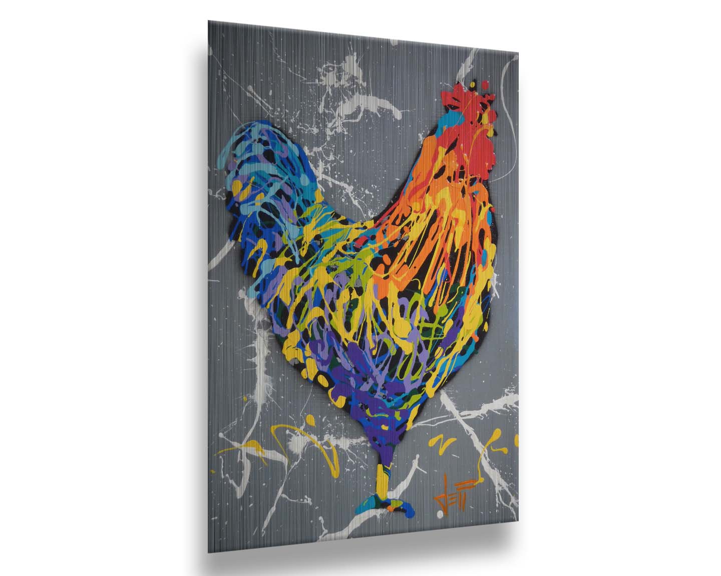 A drip painting of a rooster in a rainbow of colors, against a sleek gray backdrop, accented by white splashes. Printed on metal.