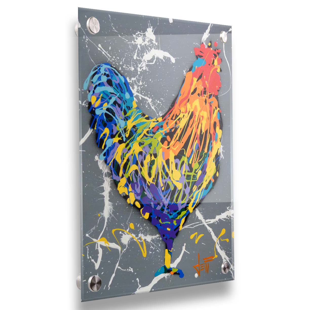 A drip painting of a rooster in a rainbow of colors, against a sleek gray backdrop, accented by white splashes. Printed on acrylic.