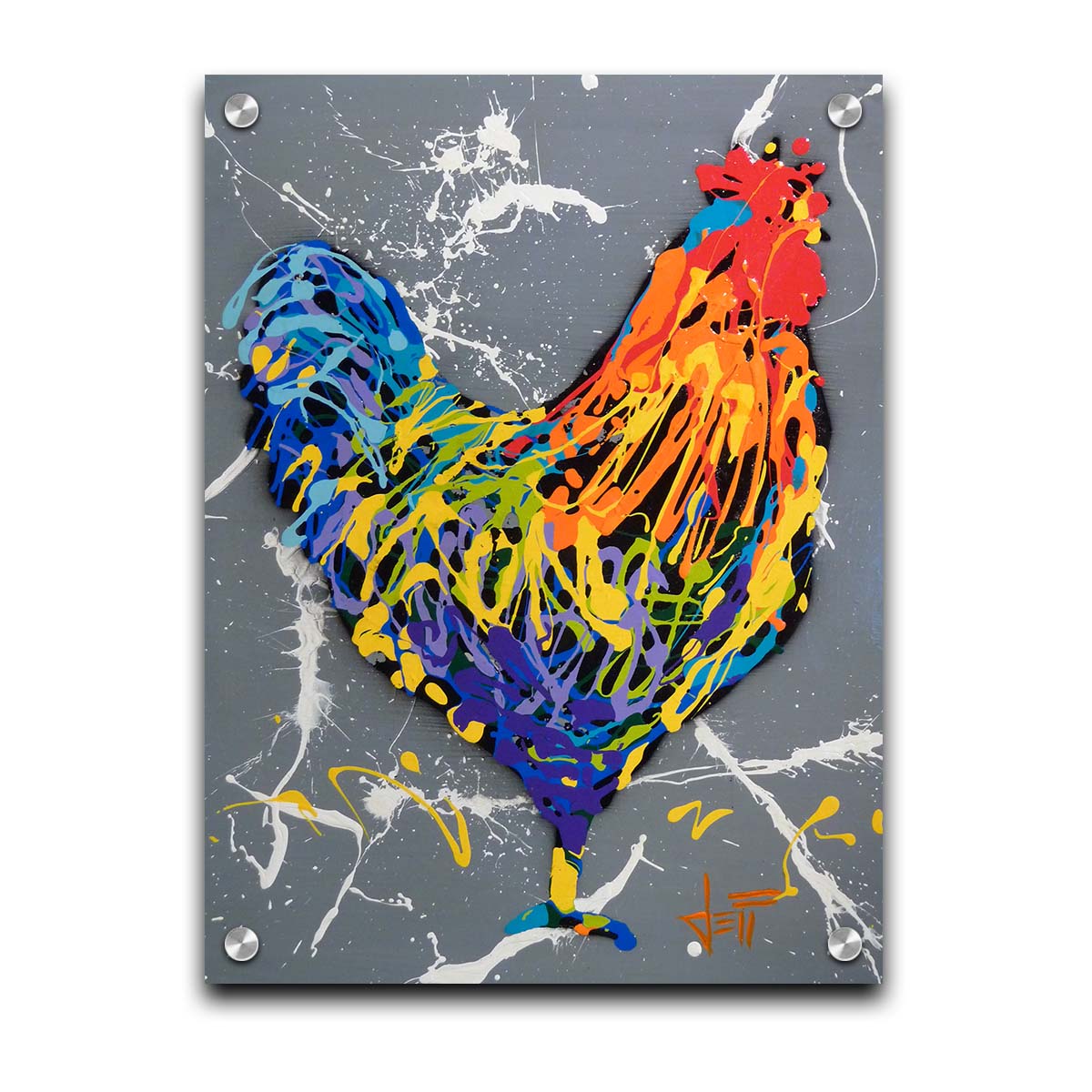 A drip painting of a rooster in a rainbow of colors, against a sleek gray backdrop, accented by white splashes. Printed on acrylic.