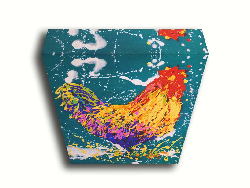 A drip painting of a rooster in vibrant shades of orange, pink, and purple against a rich teal background highlighted by white drips. Printed on canvas.