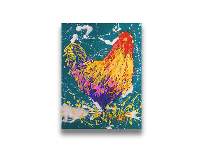 A drip painting of a rooster in vibrant shades of orange, pink, and purple against a rich teal background highlighted by white drips. Printed on canvas.