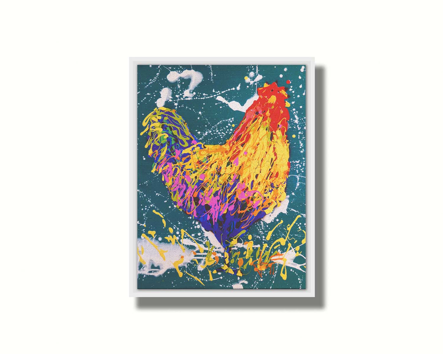 A drip painting of a rooster in vibrant shades of orange, pink, and purple against a rich teal background highlighted by white drips. Printed on canvas in a float frame.