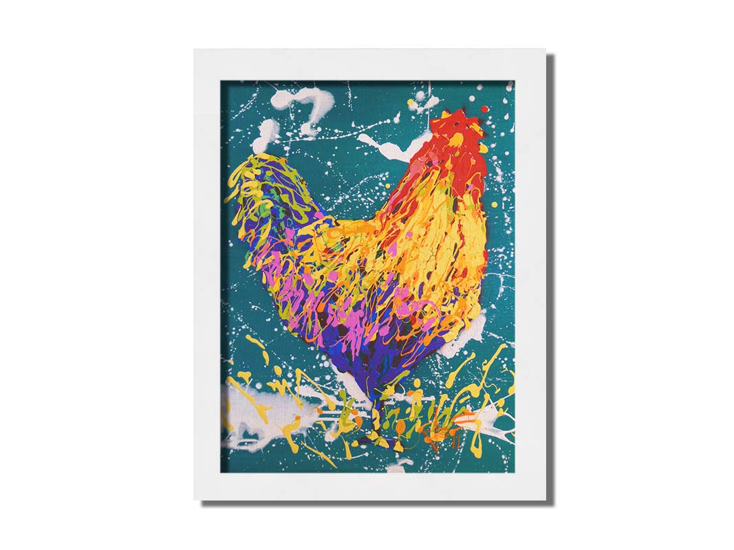 A drip painting of a rooster in vibrant shades of orange, pink, and purple against a rich teal background highlighted by white drips. Printed on canvas and framed.