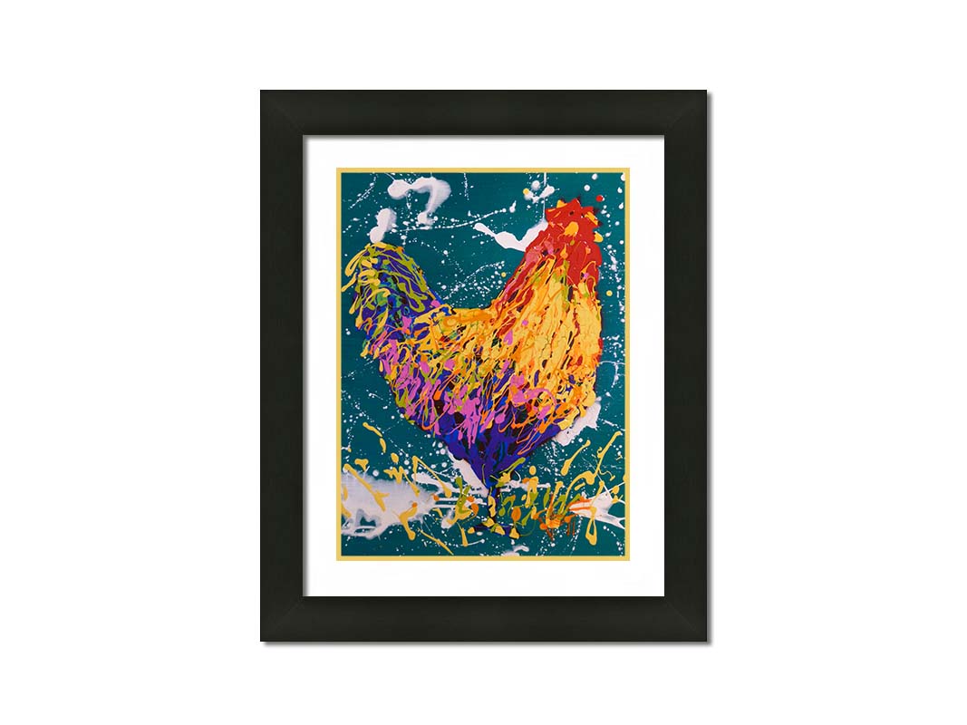 A drip painting of a rooster in vibrant shades of orange, pink, and purple against a rich teal background highlighted by white drips. Printed on paper, matted, and framed.