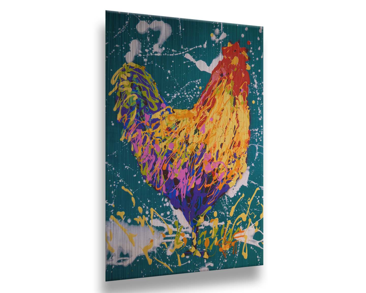 A drip painting of a rooster in vibrant shades of orange, pink, and purple against a rich teal background highlighted by white drips. Printed on metal.