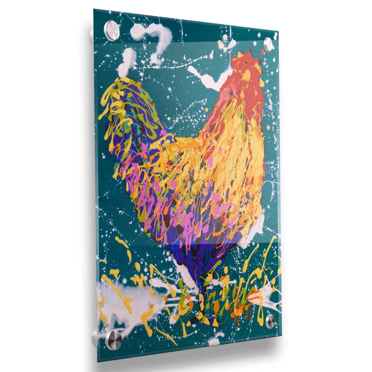 A drip painting of a rooster in vibrant shades of orange, pink, and purple against a rich teal background highlighted by white drips. Printed on acrylic.