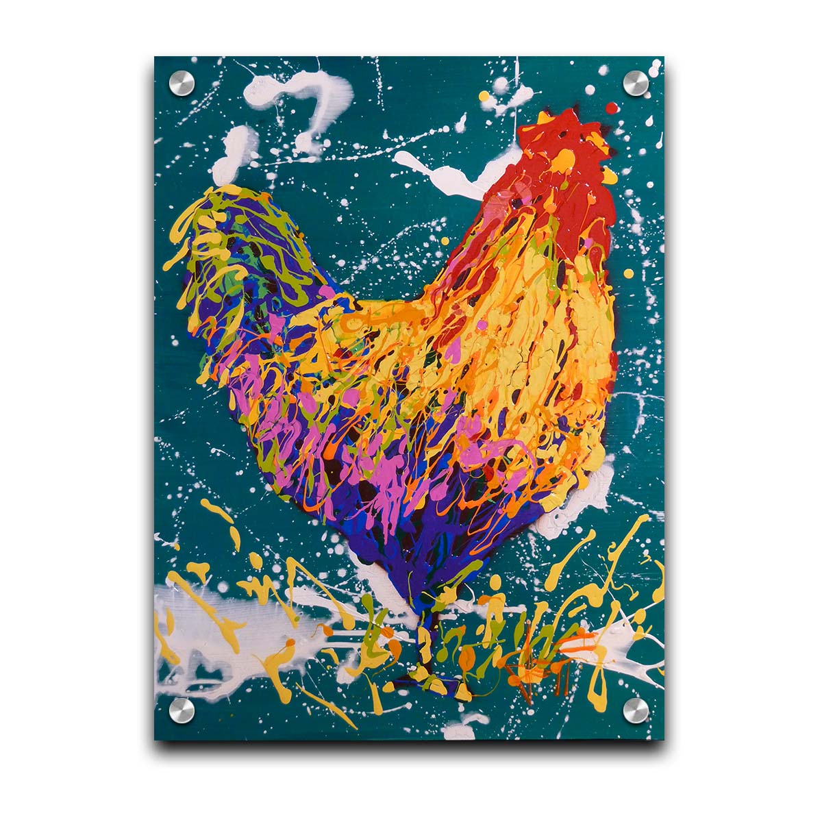 A drip painting of a rooster in vibrant shades of orange, pink, and purple against a rich teal background highlighted by white drips. Printed on acrylic.