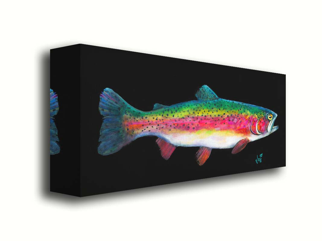 A painting of a colorful rainbow trout– in green, yellow, red, and white– against a bold black background. Printed on canvas.